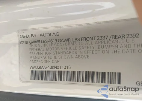 2019 Audi A4 40 Titanium Premium from USA, damaged, VIN WAUGMAF43KN011015